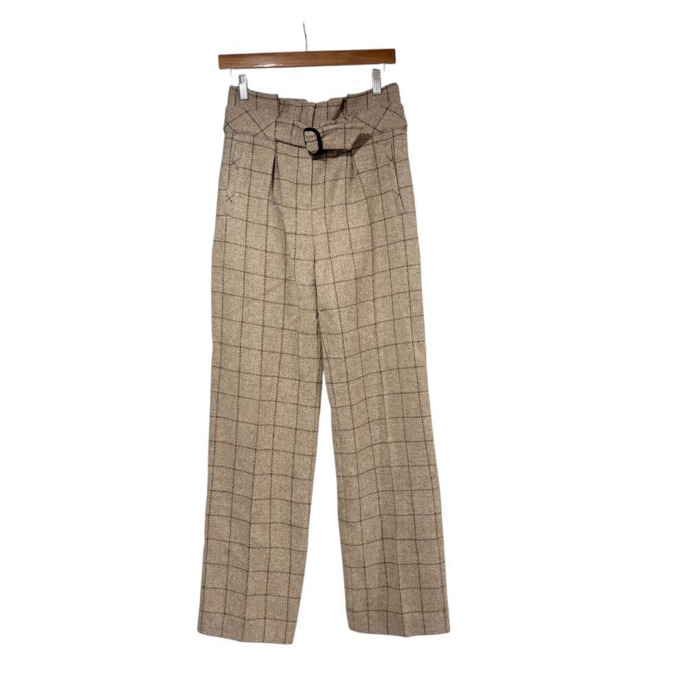 Sezane Wool Pleated Trousers Plaid Belted Women's 36/US 4 High Rise Pants